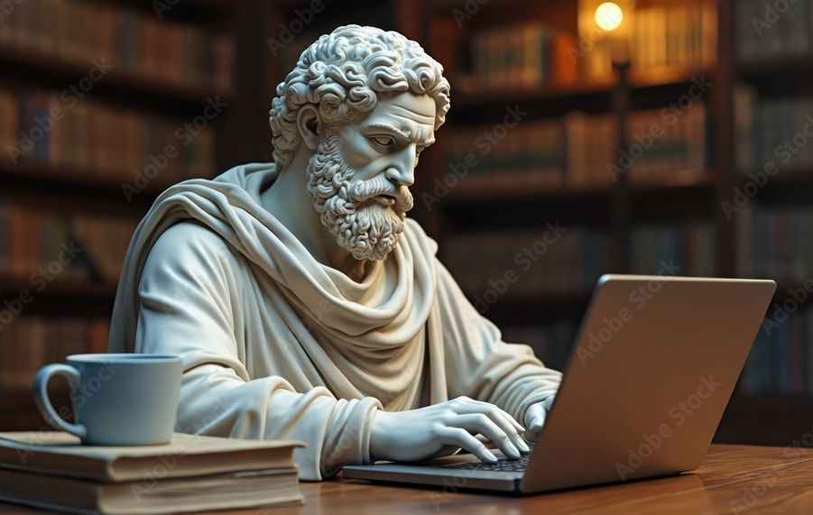 Historische philosophische Bücher neben moderner Technik als Sinnbild für die Verbindung von Tradition und Innovation